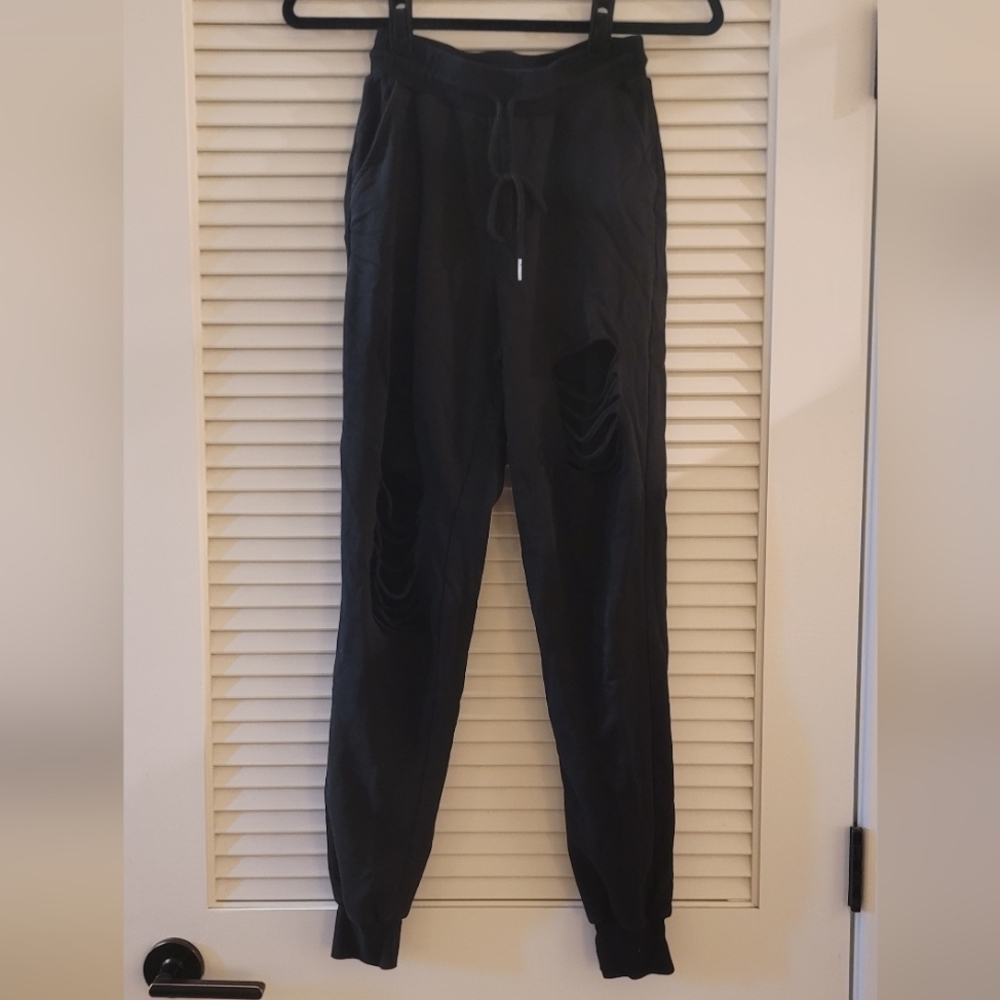 Black 100% Cotton Distressed/Ripped Detail Jogger Pants W Drawstring & Pockets